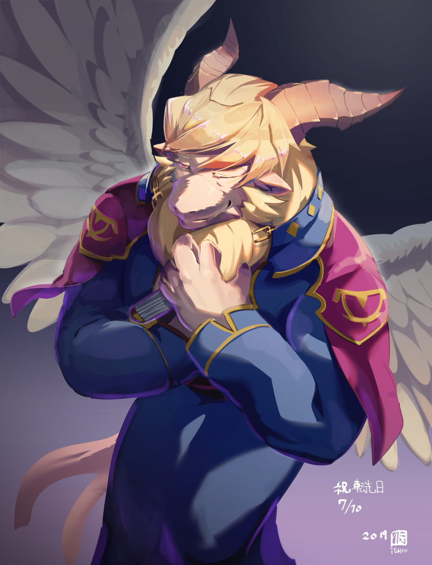 5_fingers absurd_res anthro azazel_(tas) blonde_hair book bovid caprine clothing facial_hair feathered_wings feathers fingers fur goat hair hi_res itohiro0305 lifewonders light lighting male mammal red_eyes sideburns smile solo tan_body tan_fur tokyo_afterschool_summoners wings