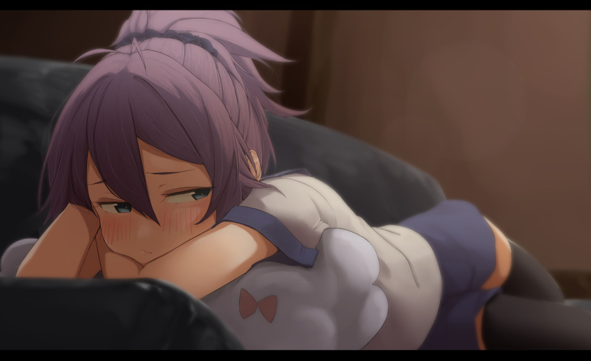 ahoge aoba_(kancolle) bad_id bad_nicoseiga_id black_thighhighs blue_eyes blush breasts commentary_request couch enoshito female frown hair_ornament half-closed_eyes highres indoors kantai_collection letterboxed long_hair lying messy_hair on_stomach pink_hair ponytail pout purple_hair school_uniform scrunchie serafuku shorts sidelocks solo thighhighs