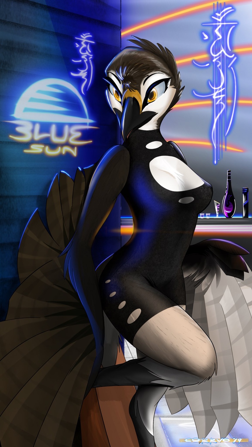 anthro avian bird black_body black_feathers breasts clothing corrvo english_text feathers female hi_res non-mammal_breasts solo text white_body white_feathers yellow_eyes