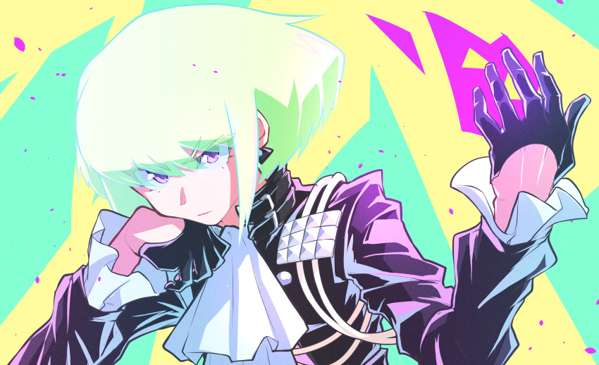 1boy absurdres ascot bad_id bad_pixiv_id black_gloves black_jacket buckle closed_mouth commentary earrings fire frilled_sleeves frills gloves green_hair half_gloves highres jacket jewelry jipponwazaari lio_fotia male_focus promare purple_eyes purple_fire pyrokinesis simple_background solo upper_body