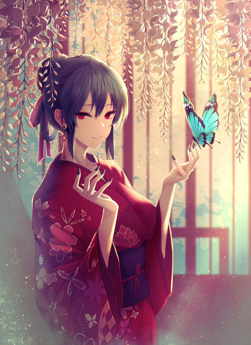 absurdres black_hair black_nails blue_butterfly bug butterfly commentary earrings english_commentary female floral_print hair_between_eyes hair_bun hair_ribbon highres japanese_clothes jewelry kimono limeblock obi original red_eyes red_kimono red_ribbon ribbon sash sidelocks single_hair_bun solo wide_sleeves