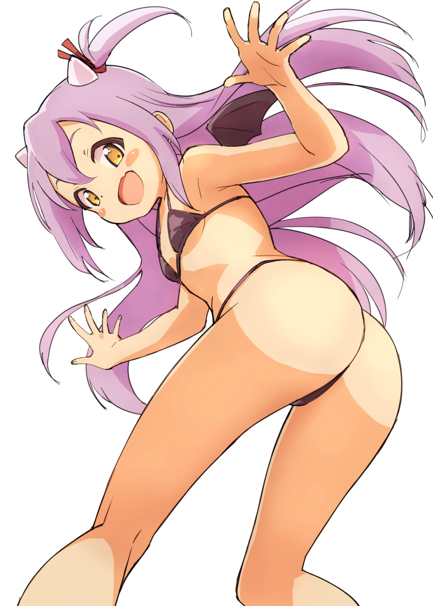 absurdres ass bare_arms bare_shoulders bikini black_bikini black_wings blush_stickers breasts collarbone commentary demon_girl demon_horns demon_wings eyebrows_hidden_by_hair female hair_between_eyes hair_ribbon highres horns kneepits long_hair micro_bikini mini_wings nyama one_side_up orange_eyes purple_hair red_ribbon ribbon sengoku_collection small_breasts solo swimsuit tsukahara_bokuden_(sengoku_collection) very_long_hair wings