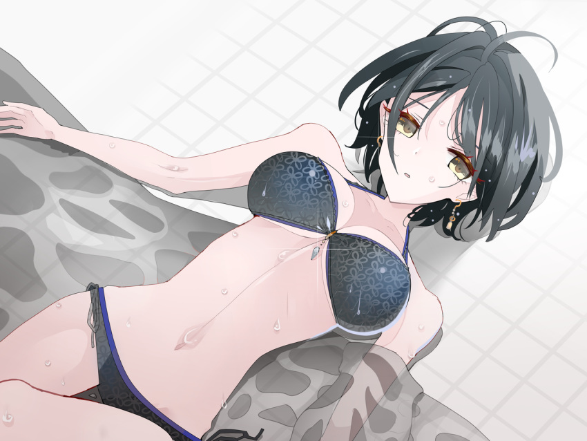 :0 antenna_hair bangs bare_arms bikini black_bikini black_hair blonde_hair blue_bikini breasts cleavage collarbone earrings female floral_print from_above hair_between_eyes hayami_kanade idolmaster idolmaster_cinderella_girls jewelry layered_bikini looking_at_viewer lying medium_breasts navel open_mouth short_hair side-tie_bikini sweat swimsuit tiles underboob vader_(n.r.t.a.) wet