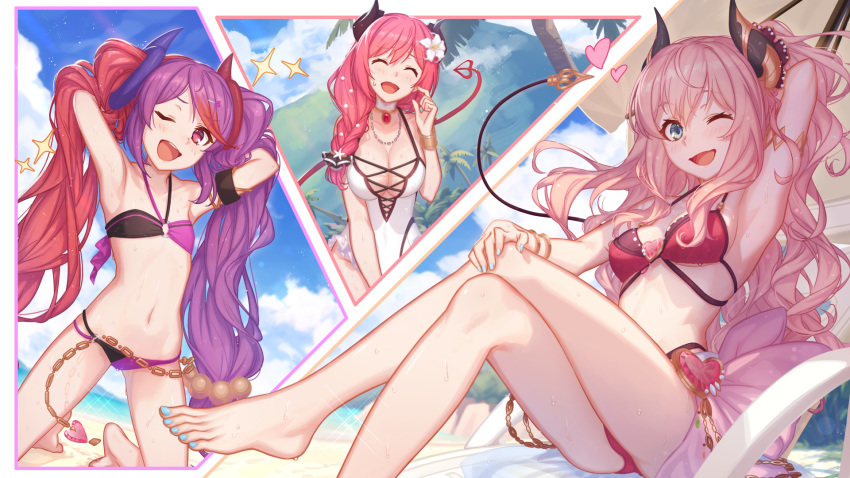 3girls ;d ^_^ arm_behind_head armlet armpits arms_up bare_arms bare_legs bare_shoulders barefoot bikini blue_eyes blue_sky blush bracelet breasts chains cleavage closed_eyes cloud cross-laced_clothes cross-laced_one-piece_swimsuit crossed_legs day demon_horns demon_tail feet flat_chest flower hair_flower hair_ornament hair_over_shoulder halterneck heart highres horns io_(princess_connect!) io_(summer)_(princess_connect!) jewelry large_breasts long_hair looking_at_viewer md5_mismatch medium_breasts misaki_(princess_connect!) misaki_(summer)_(princess_connect!) multicolored_hair multiple_girls nail_polish navel one-piece_swimsuit one_eye_closed open_mouth outdoors palm_tree pink_hair princess_connect! purple_hair red_bikini red_eyes red_hair sitting sky smile stomach suzuna_(princess_connect!) suzuna_(summer)_(princess_connect!) swimsuit tail thighs tree twintails two-tone_bikini two-tone_hair very_long_hair wet white_flower white_one-piece_swimsuit yachimoto