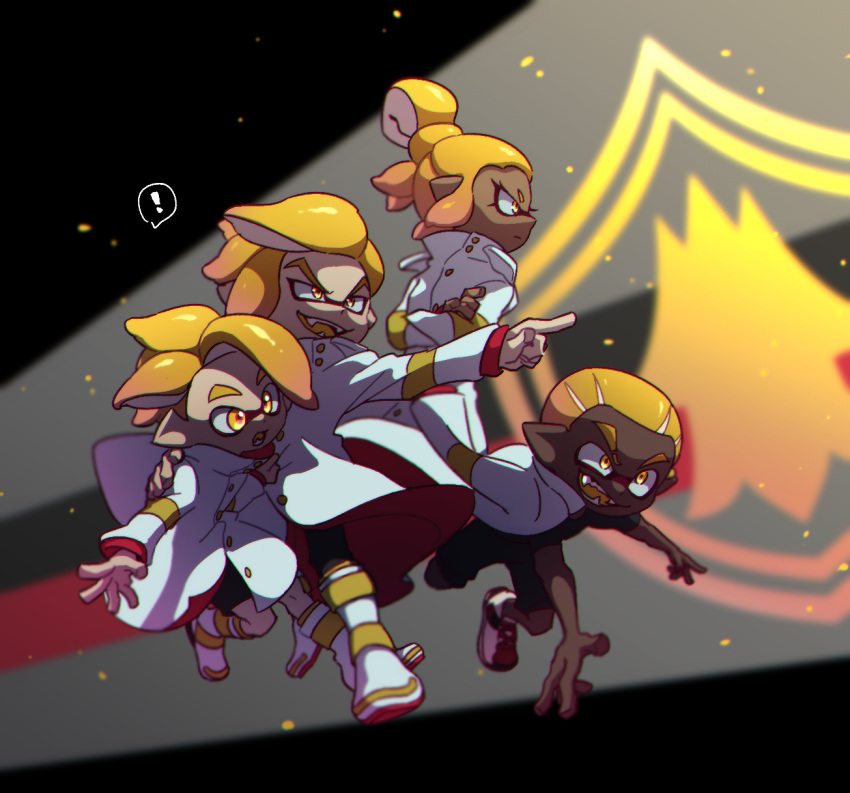 ! 3boys black_pants black_shirt black_shorts blurry blurry_background boots closed_mouth coat colored_tongue commentary crossed_arms dark_skin depth_of_field emblem emperor_(splatoon) fangs female frown hand_on_another's_back highres inkling inkling_boy inkling_girl inkling_player_character jacket jacket_on_shoulders leaning_forward long_sleeves multiple_boys n-pacer_(splatoon) open_mouth orange_eyes orange_hair orange_tongue pants pointing pointy_ears ponytail prince_(splatoon) running shirt shoes shorts smirk sneakers splatoon_(manga) splatoon_(series) spoken_exclamation_mark squidkid_jr. standing tentacle_hair ukata uniform v-shaped_eyebrows white_coat white_footwear