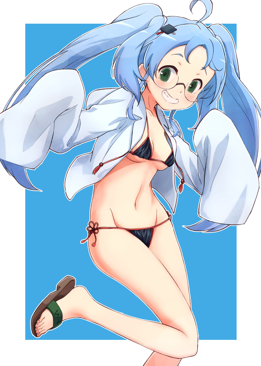 absurdres ahoge bikini black_bikini blue_background blue_hair blue_jacket blush breasts brown_footwear collarbone commentary female glasses green_eyes grin groin hair_ornament hairclip hands_up highres hiraga_gennai_(sengoku_collection) hood hood_down hooded_jacket jacket long_hair long_sleeves medium_breasts navel nyama open_clothes open_jacket outline sandals sengoku_collection sleeves_past_fingers sleeves_past_wrists smile solo standing standing_on_one_leg swimsuit twintails two-tone_background very_long_hair white_background white_outline