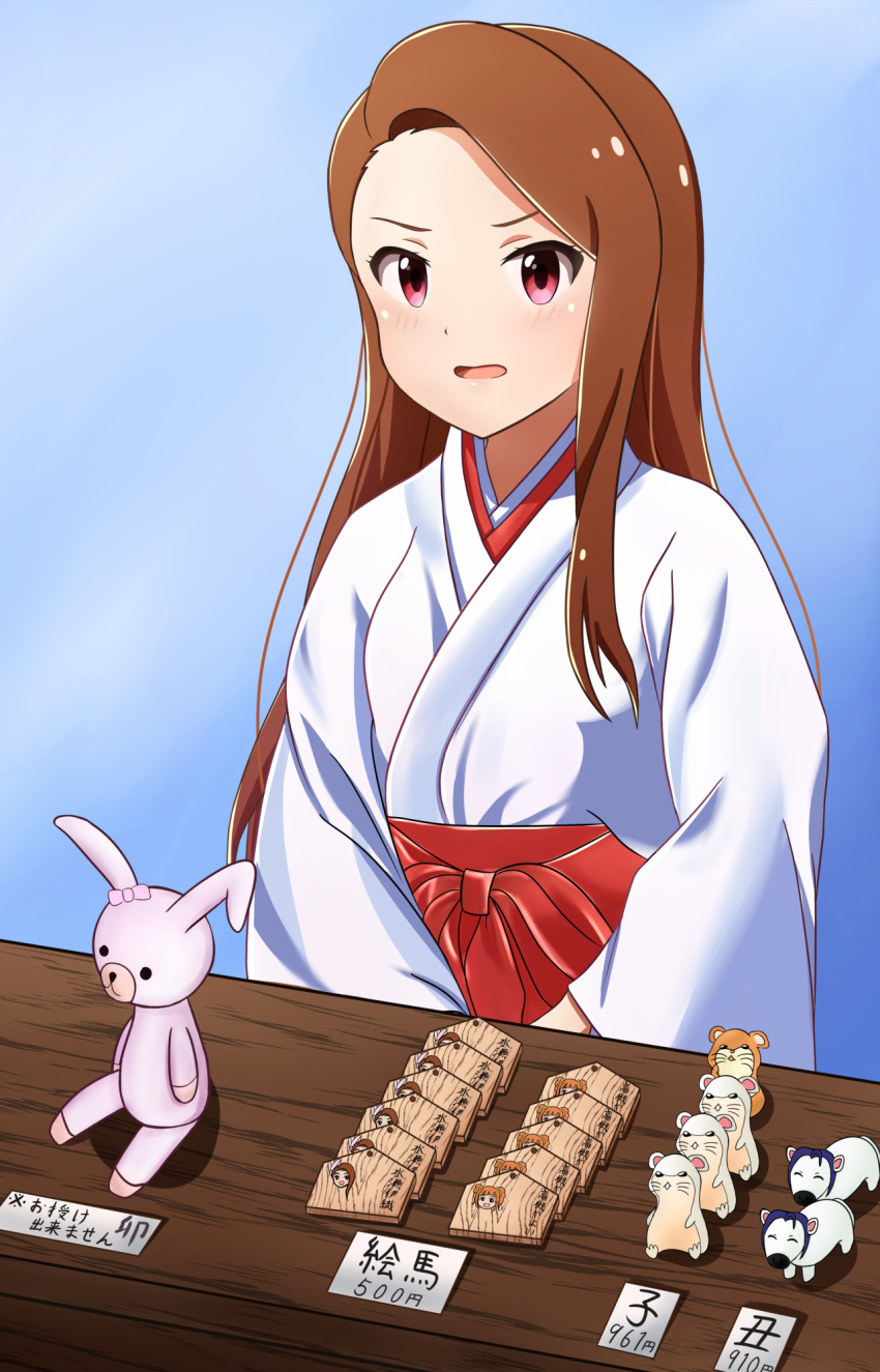 bad_id bad_pixiv_id blue_background blush brown_hair female hakama hakama_skirt highres idolmaster idolmaster_(classic) japanese_clothes kimono long_hair long_sleeves miko minase_iori open_mouth red_eyes red_hakama runmo77 skirt solo standing stuffed_animal stuffed_toy upper_body very_long_hair white_kimono