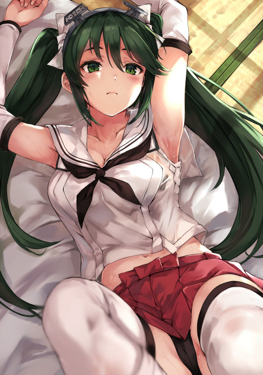 arm_warmers armpits arms_up black_panties blush bow breasts cleavage closed_mouth commentary_request female hairbow headgear highres indoors isuzu_(kancolle) isuzu_kai_ni_(kancolle) kantai_collection long_hair lying maki_(maki_pei) midriff_peek navel neckerchief on_back panties pantyshot red_skirt sailor_collar school_uniform serafuku skirt solo sweat thighhighs twintails underwear white_thighhighs