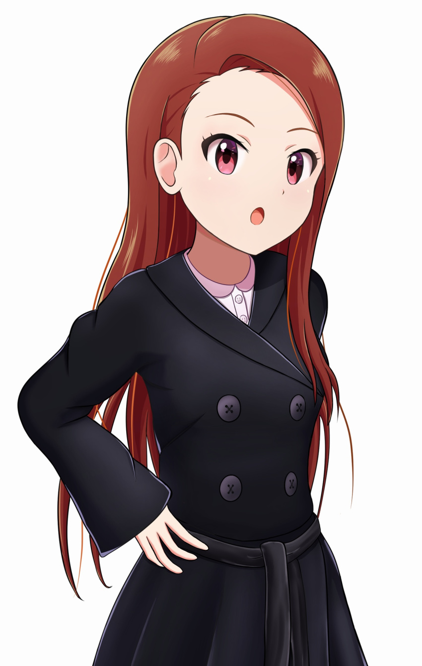 :o bad_id bad_pixiv_id black_coat brown_hair coat cowboy_shot dress_shirt female hand_on_own_hip highres idolmaster idolmaster_(classic) long_hair long_sleeves minase_iori red_eyes runmo77 shirt simple_background solo standing straight_hair very_long_hair white_background