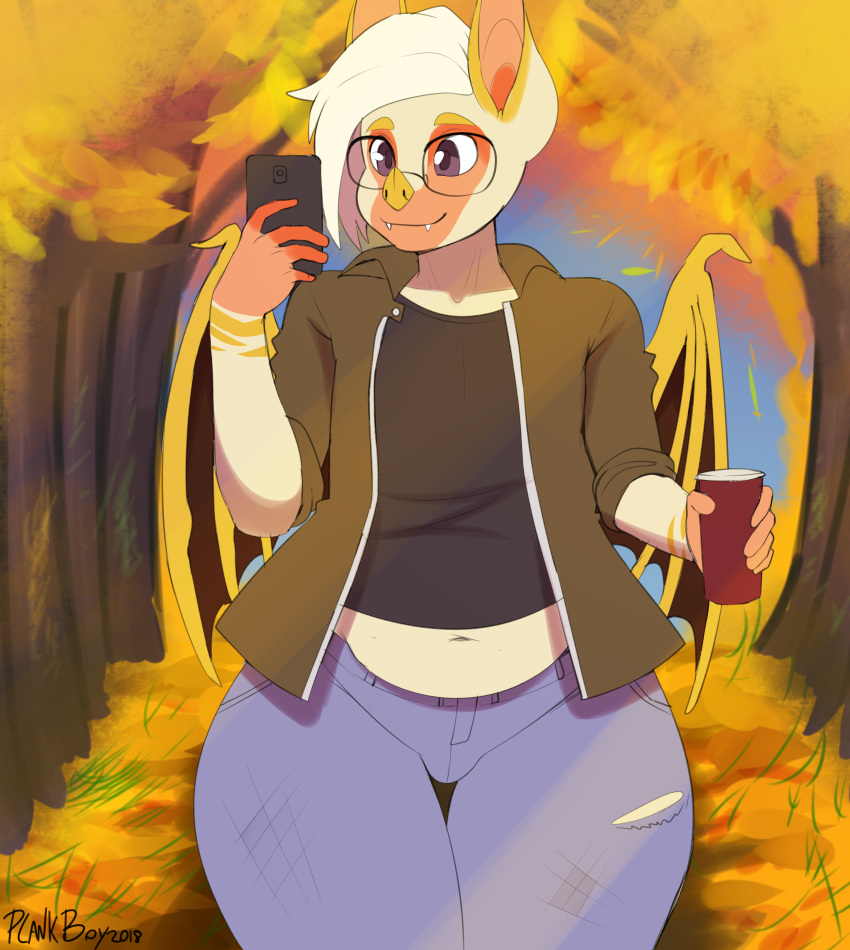 2018 absurd_res ambiguous_gender anthro autumn bangs bat belly belly_overhang big_eyes biped bottomwear cellphone clothing denim denim_bottomwear denim_clothing detailed_background digital_media_(artwork) electronics eyewear fangs glasses hair hi_res holding_object honduran_white_bat jacket jeans leaf-nosed_bat mammal microbat midriff morgan_(bcr) navel pants phone plankboy plant purple_eyes shirt signature slightly_chubby smile solo teeth thick_thighs tight_clothing topwear tree white_hair wide_hips wings yangochiropteran