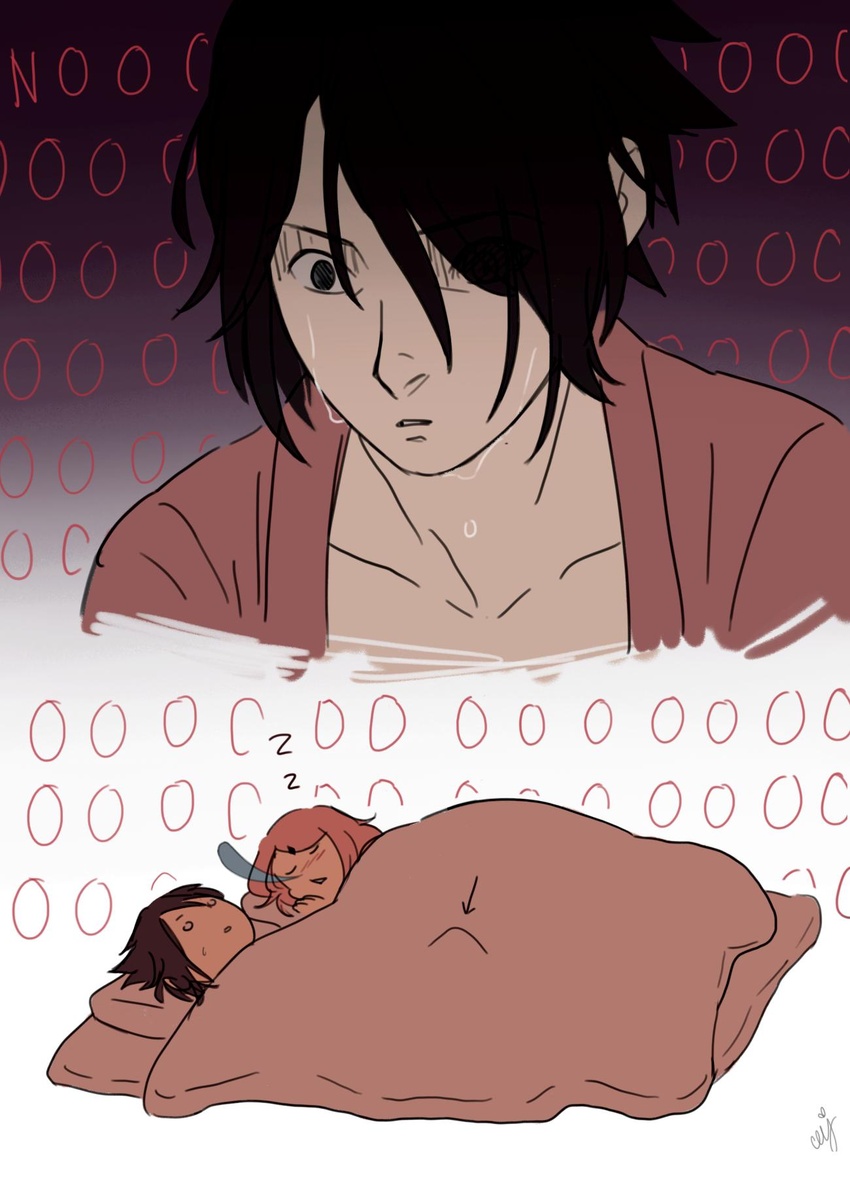 1boy black_background black_hair blanket ceejles closed_eyes commentary_request drunk erection_under_blanket female frustrated gradient_background hair_over_one_eye highres husband_and_wife naruto_(series) pink_hair sakura_haruno short_hair sleeping straight sweat uchiha_sasuke white_background zzz