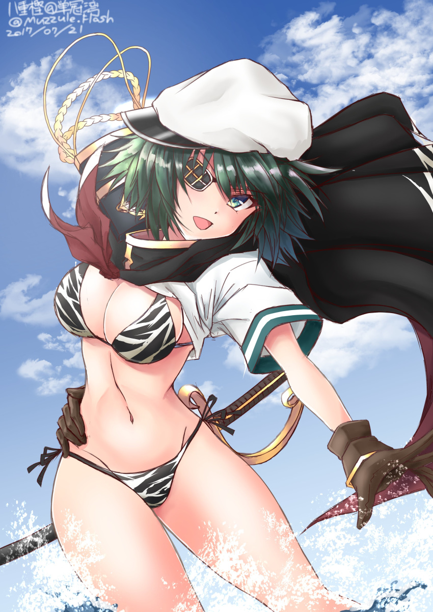 absurdres animal_print bikini blue_sky breasts brown_gloves cape cloud commentary_request cowboy_shot cutlass dated day eyepatch female gloves green_eyes green_hair hat highres kantai_collection kiso_(kancolle) kiso_kai_ni_(kancolle) looking_at_viewer medium_breasts navel outdoors sailor_hat short_hair side-tie_bikini_bottom sky smile solo standing swimsuit tiger_print translation_request twitter_username white_hat yaegashi_(muzzuleflash)