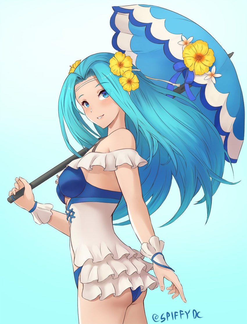 aqua_hair blue_eyes commentary female fiora_(fire_emblem) fiora_(summer)_(fire_emblem) fire_emblem fire_emblem:_the_blazing_blade fire_emblem_heroes flower from_side gradient_background hair_flower hair_ornament highres holding holding_umbrella long_hair looking_to_the_side simple_background solo spiffydc swimsuit twitter_username umbrella