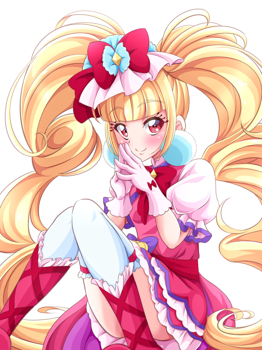 aisaki_emiru blonde_hair blunt_bangs boots bow closed_mouth commentary_request cure_macherie dress drill_hair earrings eyelashes female gloves hair_ornament hairbow happy highres hugtto!_precure jewelry long_hair looking_at_viewer magical_girl pink_dress pink_footwear pink_gloves pom_pom_(clothes) pom_pom_earrings precure puffy_short_sleeves puffy_sleeves red_bow red_eyes s-operator short_sleeves simple_background smile solo thighhighs thighs twin_drills twintails very_long_hair white_background white_gloves white_thighhighs