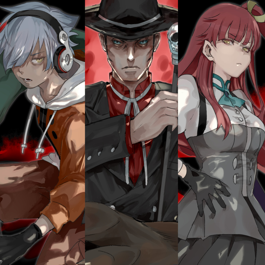 2boys barro bem bera cane commentary_request fedora female gloves hat headphones highres hood hoodie momomosae multiple_boys red_hair silver_hair yellow_eyes youkai_ningen_bem