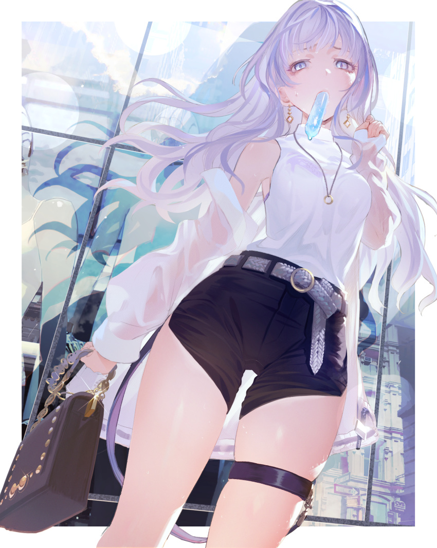 absurdres bad_id bad_pixiv_id bag belt blush bra breasts commentary_request earrings female food_in_mouth handbag highres jewelry long_hair mimitoke necktie off_shoulder original purple_bra purple_eyes purple_hair shorts sleeves_past_wrists solo sweat thigh_strap underwear