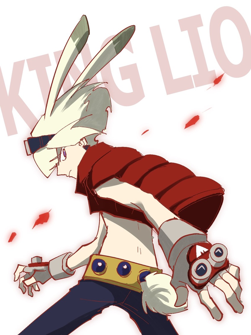 1boy animal_ears bad_id bad_twitter_id blonde_hair c_han25 commentary_request cosplay fingerless_gloves gloves goggles goggles_on_head green_hair highres king_kazma king_kazma_(cosplay) lio_fotia looking_at_viewer male_focus promare purple_eyes rabbit_ears simple_background solo summer_wars vest white_background