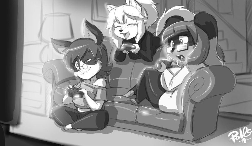 arctic_fox barefoot big_breasts breasts canid canine canis domestic_dog eyewear featureless_feet feet female fox furniture gaming glasses greyscale group hi_res huge_breasts lagomorph leporid mammal monochrome rabbit shonuff sofa true_fox