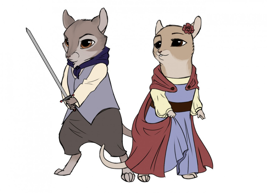 accessory barefoot brown_eyes clothed clothing dress duo feet female flower flower_in_hair hair hair_accessory laterose_of_noonvale male mammal martin_the_warrior melee_weapon mouse murid murine novanocturne plant redwall rodent scarf simple_background sword weapon white_background