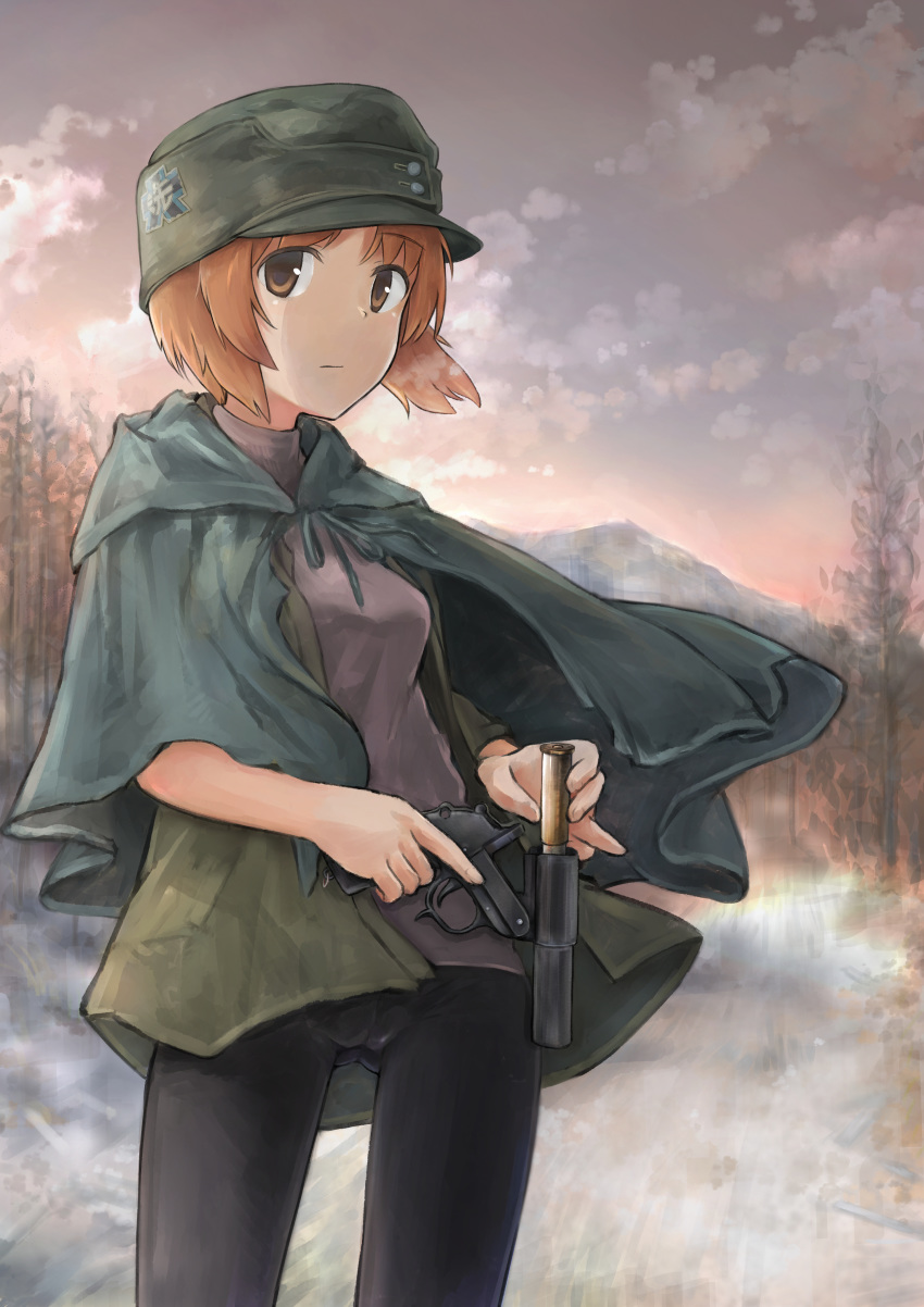 absurdres bad_id bad_pixiv_id bike_shorts black_capelet black_shorts brown_eyes brown_hair bullet cameltoe capelet closed_mouth cloud cloudy_sky commentary emblem english_commentary ennui_orz female flare_gun girls_und_panzer green_hat green_jacket grey_shirt grey_sky gun hat highres holding holding_gun holding_weapon hood hooded_capelet jacket kampfpistole_z light_frown looking_at_viewer military_hat mountain nishizumi_miho ooarai_(emblem) outdoors shirt short_hair shorts sky solo standing tree twilight weapon