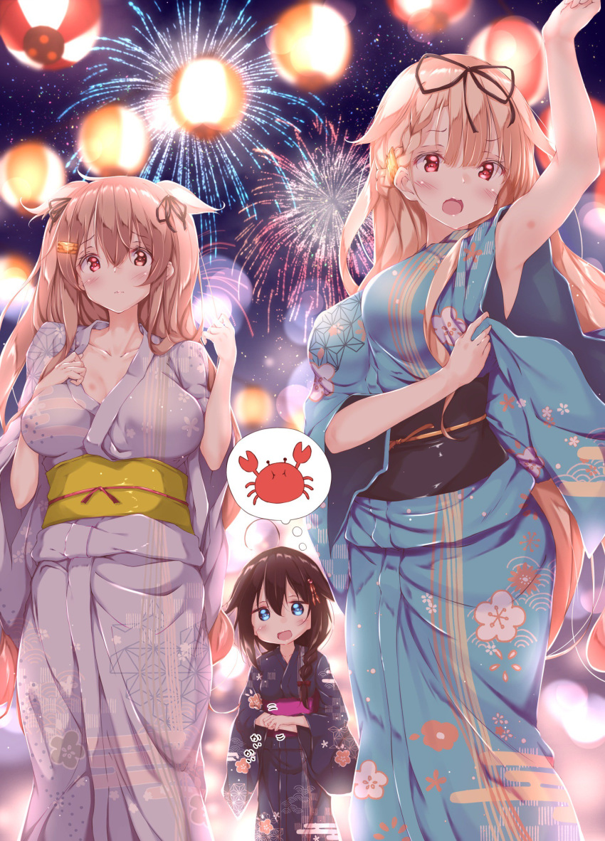 3girls absurdres aerial_fireworks ahoge alternate_costume bad_id bad_twitter_id black_hair black_ribbon blonde_hair blue_eyes blue_kimono braid commentary_request crab festival fireworks floral_print hair_flaps hair_ornament hair_over_shoulder hair_ribbon hairclip highres japanese_clothes kantai_collection kimono lantern light_brown_hair long_hair multiple_girls murasame_(kancolle) murasame_kai_ni_(kancolle) night night_sky numpopo obi outdoors paper_lantern print_kimono red_eyes ribbon sash shigure_(kancolle) shigure_kai_ni_(kancolle) single_braid sky thought_bubble two_side_up wide_sleeves yukata yuudachi_(kancolle) yuudachi_kai_ni_(kancolle)