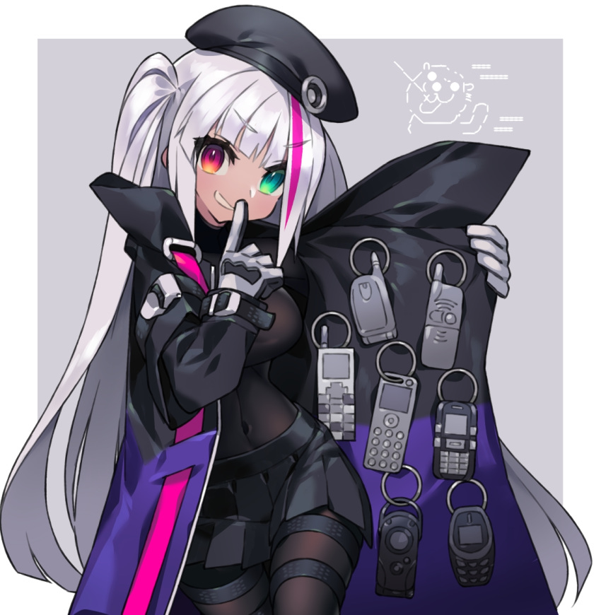 beret black_bodysuit black_skirt bodysuit breasts cellphone commentary female finger_to_mouth flip_phone girls'_frontline gloves hat heterochromia highres itsumo_nokoru jacket long_hair long_sleeves mdr_(girls'_frontline) multicolored_hair navel nokia_3310 one_side_up open_clothes open_jacket open_mouth pantyhose phone pleated_skirt shushing skirt solo streaked_hair white_hair