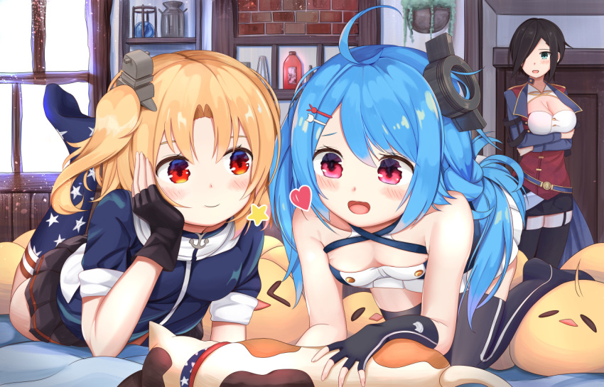 3girls :d ahoge american_flag_legwear animal ark_royal_(azur_lane) arms_under_breasts azur_lane bare_shoulders black_gloves black_hair black_legwear black_skirt blonde_hair blue_eyes blue_hair blue_jacket blue_socks blush breast_hold breasts brick_wall cleavage clevelad_(azur_lane) closed_mouth commentary_request day dress elbow_gloves feline fingerless_gloves garter_straps gloves hair_between_eyes hair_ornament hair_over_one_eye hairclip heart indoors jacket kneehighs kneeling large_breasts leg_up lena_(azur_lane) long_hair lying manjuu_(azur_lane) multiple_girls no_shoes on_stomach onasuba one_eye_closed one_side_up open_mouth parted_bangs pleated_dress pleated_skirt red_eyes short_sleeves skirt small_breasts smile socks star_(symbol) sunlight thighhighs very_long_hair white_dress window