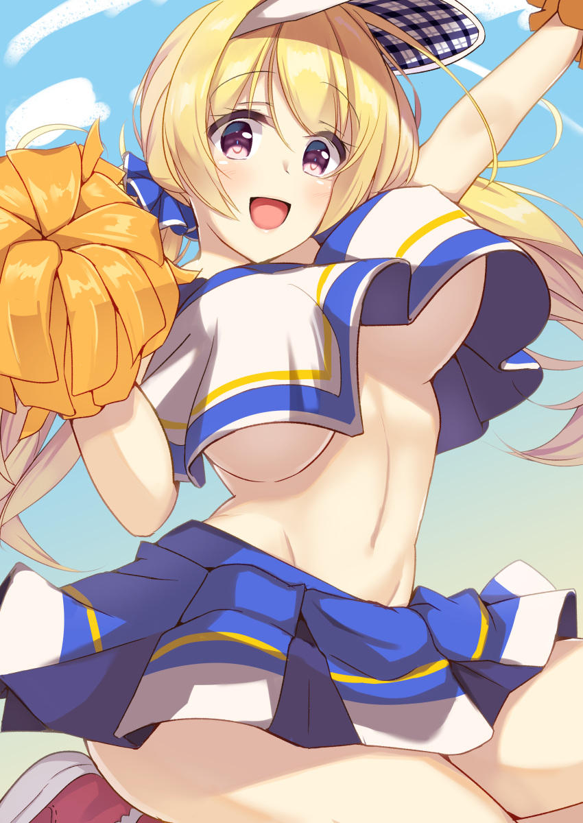 :d absurdres alternate_costume arm_up blonde_hair blue_sky breasts cheerleader cloud commentary_request crop_top crop_top_overhang day female hakoniwa-boxer hand_up highres hip_focus jumping large_breasts legs lena_liechtenauer long_hair looking_at_viewer navel no_bra open_mouth partial_commentary pom_pom_(cheerleading) purple_eyes scrunchie senren_banka shoes sky smile sneakers solo thighs twintails unaligned_breasts visor