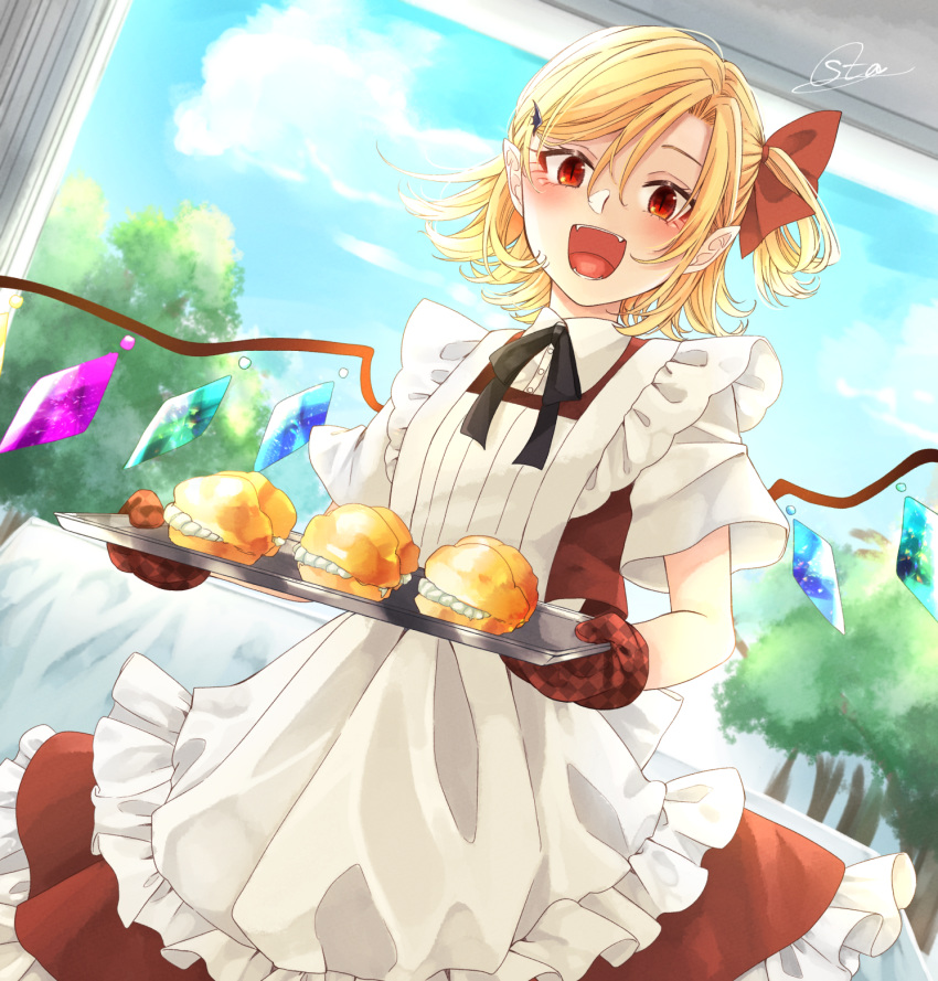 :d apron bad_id bad_pixiv_id black_ribbon blonde_hair blue_sky cloud commentary_request cowboy_shot cream_puff crystal eyelashes fangs female flandre_scarlet food frilled_apron frills hair_between_eyes hair_ornament hair_ribbon hairclip highres holding holding_tray looking_at_viewer neck_ribbon no_headwear one_side_up open_mouth oven_mitts pastry petticoat pink_apron red_eyes red_ribbon red_skirt red_vest ribbon shirt short_hair short_sleeves signature skirt skirt_set sky slit_pupils smile solo souta_(karasu_no_ouchi) standing touhou tray tree vest white_shirt wings