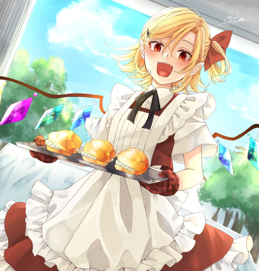 :d apron bad_id bad_twitter_id black_ribbon blonde_hair blue_sky cloud commentary_request cowboy_shot cream_puff crystal day eyelashes fangs female flandre_scarlet food frilled_apron frills hair_between_eyes hair_ornament hair_ribbon hairclip highres holding holding_tray looking_at_viewer neck_ribbon no_headwear one_side_up open_mouth oven_mitts pastry petticoat pink_apron red_eyes red_ribbon red_skirt red_vest ribbon shirt short_hair short_sleeves signature skirt skirt_set sky slit_pupils smile solo souta_(karasu_no_ouchi) standing touhou tray tree vest white_shirt wings