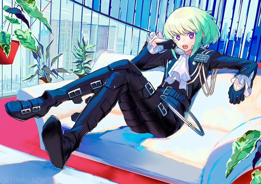 1boy ascot belt biker_clothes black_gloves black_jacket blush canata_katana commentary couch crossed_legs gloves green_hair half_gloves jacket knees_up leather leather_jacket leather_pants lio_fotia looking_at_viewer male_focus multiple_belts open_mouth otoko_no_ko pants promare purple_eyes short_hair sidelocks sitting solo thigh_belt thigh_strap white_belt