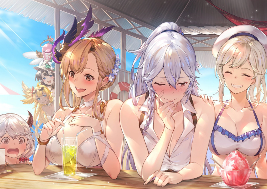 6+girls ahoge azrael_(granblue_fantasy) bangle bare_shoulders bikini black_hair blonde_hair blue_eyes blush bracelet braid breasts brown_eyes brown_hair camieux cleavage closed_eyes collarbone commentary_request cucouroux_(granblue_fantasy) curly_hair dark-skinned_female dark_skin day draph drinking_straw drooling eyewear_on_head feathered_wings flower granblue_fantasy grin hair_between_eyes hair_flower hair_ornament hairband halluel_(granblue_fantasy) halo hand_on_another's_shoulder head_wings hickey highres horns implied_yuri indoors israfel_(granblue_fantasy) jewelry kakage large_breasts lipstick_mark long_hair looking_at_viewer malluel_(granblue_fantasy) medium_breasts multiple_girls one_eye_closed open_mouth peeking_out purple_bikini purple_eyes rose silva_(granblue_fantasy) smile sunglasses swimsuit tweyen_(granblue_fantasy) twin_braids very_long_hair when_you_see_it white_hair wide-eyed wings yellow_eyes