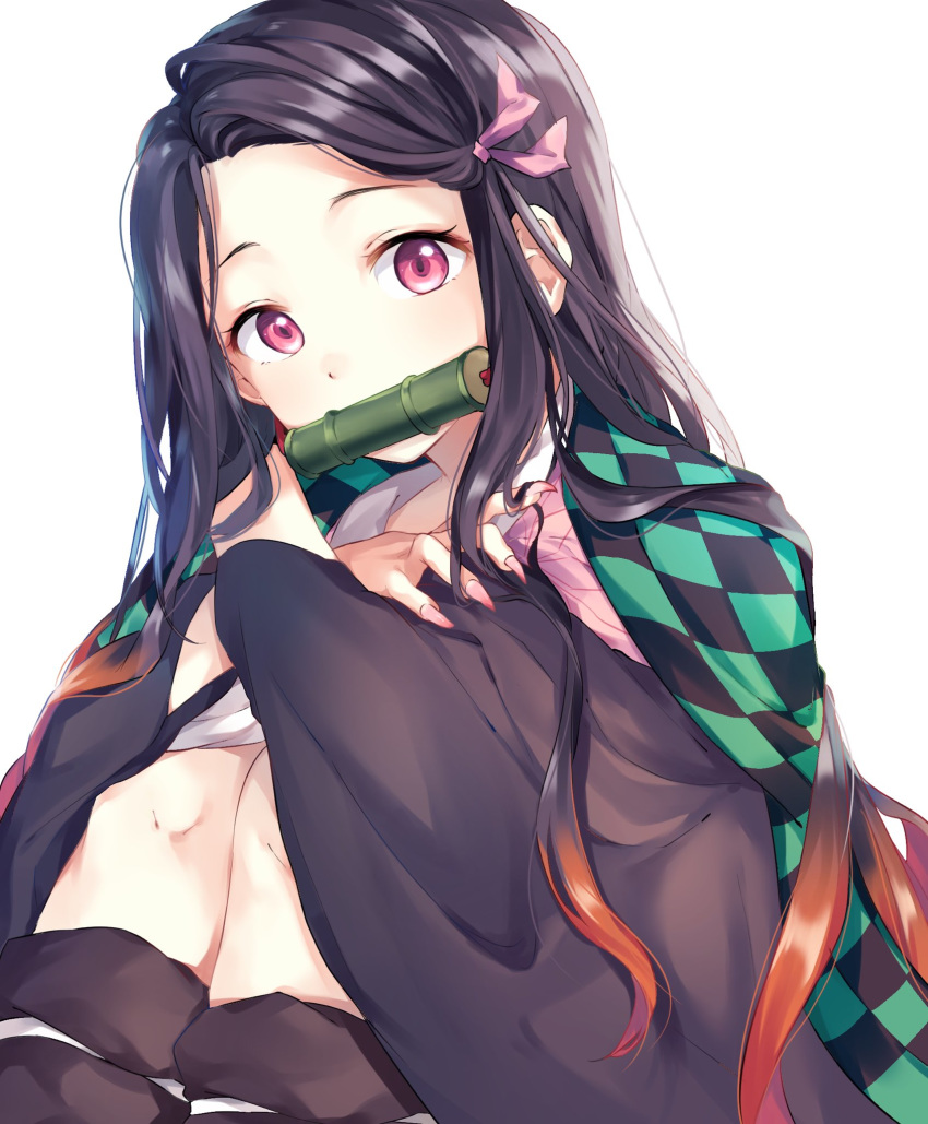 bad_id bad_twitter_id bit_gag black_hair checkered female fingernails gag gagged hair_ribbon hands_on_own_knees haori highres japanese_clothes kamado_nezuko kimetsu_no_yaiba long_fingernails long_hair looking_at_viewer makura_(makura0128) multicolored_hair no_bangs pink_eyes pink_nails pink_ribbon red_hair ribbon sharp_fingernails simple_background sitting solo two-tone_hair white_background