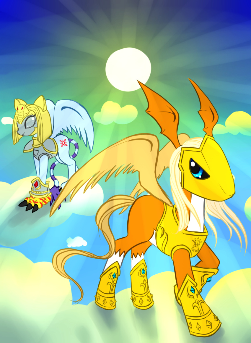 bandai_namco crossover digimon digimon_(species) duo female hasbro hi_res male my_little_pony nefertimon pegasusmon ponification sky sun takefive