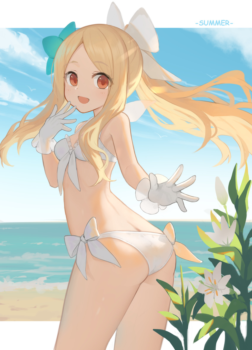 :d absurdres ass bare_shoulders beach bikini blonde_hair blue_sky blush bow bow_bikini breasts cleavage cloud commentary day english_text female flower forehead frilled_bikini frills gloves hagi_(ame_hagi) hand_up highres horizon idolmaster idolmaster_cinderella_girls lily_(flower) long_hair mochizuki_hijiri ocean open_mouth outdoors parted_bangs ponytail red_eyes sidelocks sky small_breasts smile solo summer swimsuit very_long_hair water white_bikini white_bow white_flower white_gloves white_lily