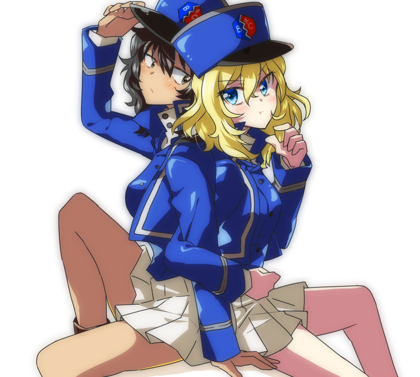 2girls :t adjusting_clothes adjusting_headwear andou_(girls_und_panzer) arm_up back-to-back bc_freedom_(emblem) bc_freedom_military_uniform black_footwear black_hair blonde_hair blue_eyes blue_headwear blue_jacket blue_vest blush boots brown_eyes closed_mouth commentary dark-skinned_female dark_skin dress_shirt emblem frown girls_und_panzer hajime_(usagi) hand_on_headwear hat high_collar jacket kepi leg_up locked_arms long_sleeves looking_at_another looking_at_viewer looking_back medium_hair messy_hair military military_hat military_uniform miniskirt multiple_girls oshida_(girls_und_panzer) pleated_skirt pout shirt simple_background sitting skirt thighs uniform v-shaped_eyebrows vest white_background white_shirt white_skirt yuri