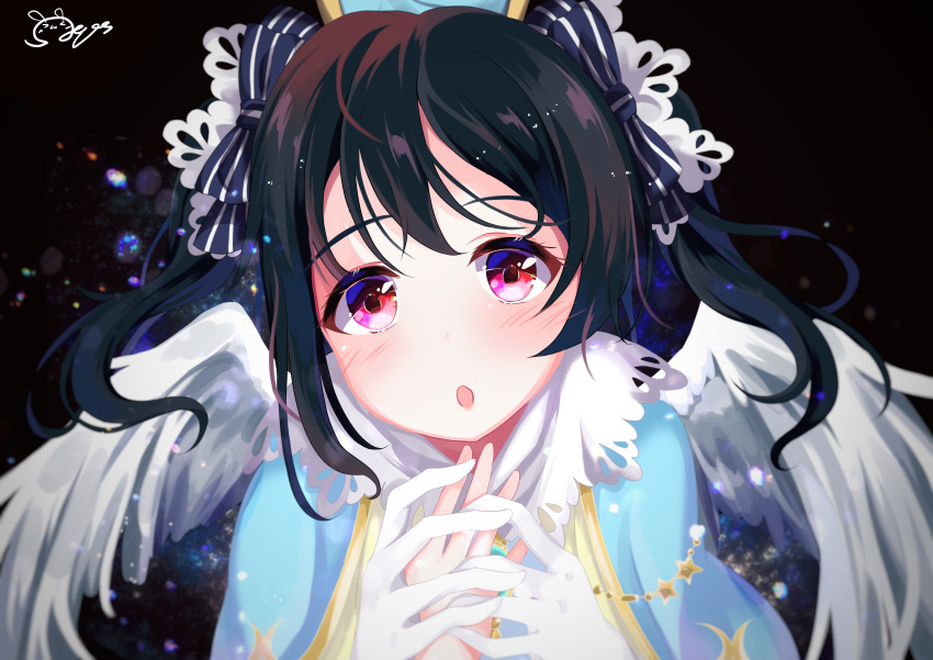 :o absurdres angel_wings bad_id bad_pixiv_id birthday black_hair commentary_request depe feathered_wings female gloves hair_ribbon hand_grab highres long_hair looking_at_viewer love_live! love_live!_school_idol_project out_of_frame pov pov_hands red_eyes ribbon sidelocks signature solo_focus twintails white_gloves wings yazawa_nico