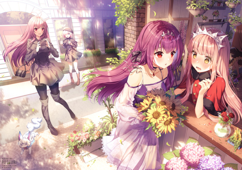 4girls ahoge alternate_costume animal artist_name bag bangs black_bow black_dress black_footwear black_legwear blunt_bangs blush boots bouquet bow brick_wall building capelet cellphone commentary_request creature cup day disposable_cup dress fate/grand_order fate_(series) flower fou_(fate/grand_order) fur-trimmed_capelet fur_trim hair_between_eyes hair_over_one_eye hairbow handbag hat headpiece heroic_spirit_traveling_outfit holding holding_cellphone holding_phone hydrangea lavender_hair long_hair long_sleeves mash_kyrielight medb_(fate)_(all) multiple_girls nose_blush open_mouth outdoors pantyhose phone pink_flower pink_hair purple_dress purple_eyes purple_flower purple_hair red_capelet red_eyes red_flower red_rose road rose rosuuri scathach_(fate)_(all) scathach_(fate/grand_order) scathach_skadi_(fate/grand_order) short_hair shoulder_bag sidelocks smartphone street sunflower thigh_boots thighhighs tiara vase very_long_hair watermark wavy_mouth web_address yellow_eyes yellow_flower