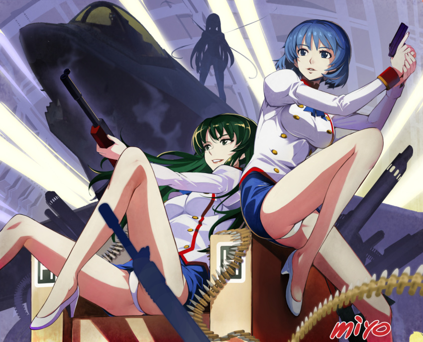 3girls adjutant_(agent_aika) agent_aika aika_(series) aircraft airplane ammunition arms_up artist_name ascot ass assault_rifle black_ascot black_skirt blue_eyes blue_hair breasts bullet buttons commentary_request delmo_commander delmogeny_uniform double-breasted green_eyes green_hair gun handgun high_heels holding holding_gun holding_weapon indoors jacket juliet_sleeves knee_up long_hair long_sleeves medium_breasts military military_uniform miyo_(13th_floor) multiple_girls panties pantyshot pencil_skirt puffy_sleeves rifle shivie_aika short_hair silhouette sitting skirt smile sumeragi_aika underwear uniform weapon white_delmo white_footwear white_jacket white_panties