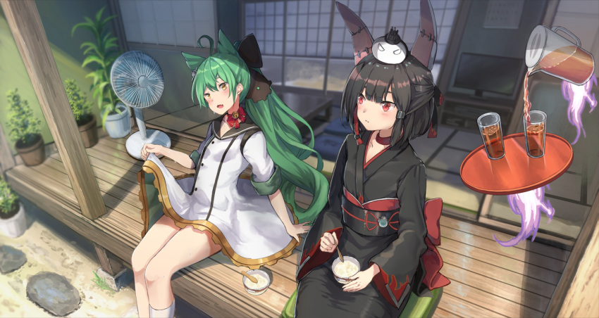 2girls akashi_(azur_lane) animal_ears asymmetrical_legwear azur_lane bell black_hair black_kimono black_sailor_collar blunt_bangs blush bow building calendar_(object) cat_ears choker closed_mouth commentary_request cup day dress drinking_glass electric_fan facing_viewer fake_animal_ears food green_hair hair_between_eyes half_updo hitodama ice_cream japanese_clothes jingle_bell jug_(bottle) kimono long_sleeves multiple_girls neck_bell obiage obijime oerba_yun_fang open_mouth plant ponytail potted_plant pouring rabbit_ears red_bow red_eyes right-over-left_kimono sailor_collar shiranui_(azur_lane) short_hair sitting sliding_doors tatami television tray uneven_legwear veranda white_dress yu_ni_t