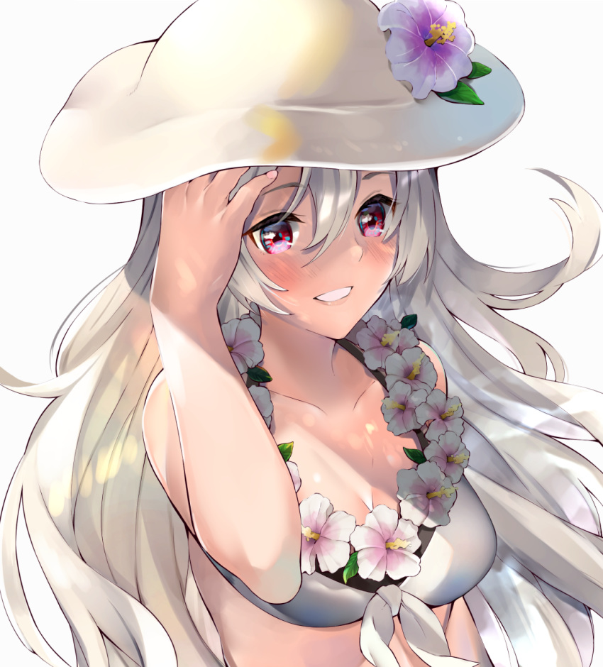 alternate_costume bikini blush breasts cleavage collarbone commentary_request corrin_(female)_(fire_emblem) corrin_(female)_(summer)_(fire_emblem) corrin_(fire_emblem) female fire_emblem fire_emblem_fates fire_emblem_heroes floating_hair flower flower_necklace flower_wreath grey_hair hair_between_eyes hand_on_own_head hat hat_flower highres lei lips long_hair medium_breasts official_alternate_costume panda_inu parted_lips red_eyes simple_background smile solo swimsuit upper_body white_background white_bikini white_hat