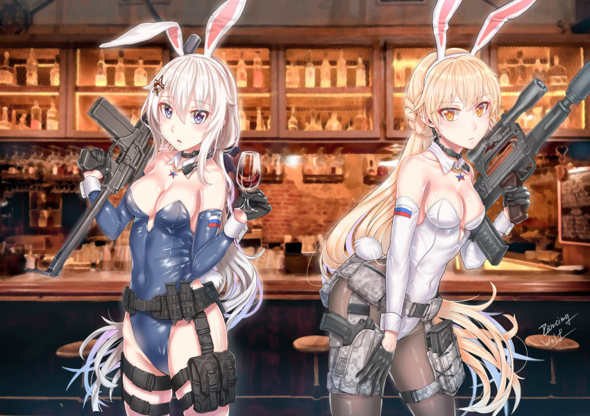 2girls 9a-91 9a-91_(girls'_frontline) absurdres alternate_costume animal_ears assault_rifle bare_legs bare_shoulders blonde_hair blue_eyes bow bowtie braid breasts brown_legwear bullpup cleavage commentary covered_navel dancing_wolf detached_collar english_commentary fake_animal_ears girls'_frontline gun hair_between_eyes hair_ornament highres holding holding_gun holding_weapon leotard long_hair looking_at_viewer medium_breasts mp-446_viking multiple_girls ots-14_(girls'_frontline) ots-14_groza pantyhose playboy_bunny rabbit_ears rabbit_tail red_leotard rifle star_(symbol) star_hair_ornament tail very_long_hair weapon white_hair wrist_cuffs