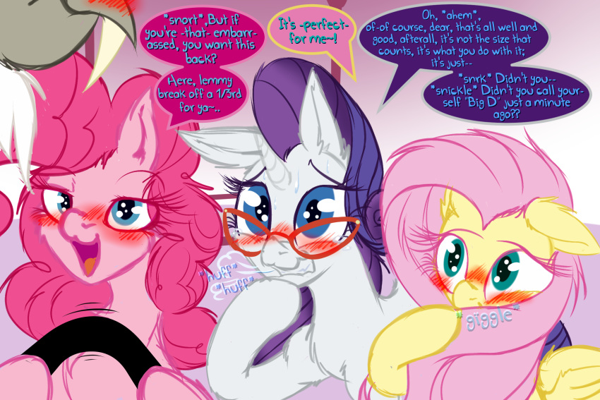 2019 3:2 blue_eyes blush breath cat_eye_glasses censor_bar chimera discord_(mlp) draconequus english_text equid equine eyewear female fluttershy_(mlp) friendship_is_magic frist44 glasses group hasbro hi_res horn horse humiliation inside laugh mammal my_little_pony mythological_creature mythological_equine mythology open_mouth penis_humiliation physical_censor_bar pinkie_pie_(mlp) pony rarity_(mlp) small_penis_humiliation speech_bubble text unicorn wings