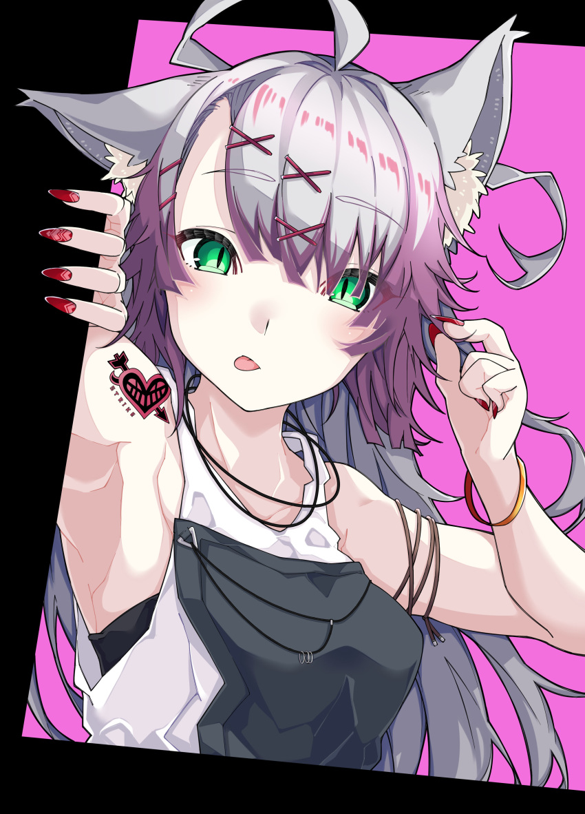 absurdres ahoge animal_ear_fluff animal_ears armpits atalanta_(fate) atalanta_alter_(fate) bare_shoulders breasts cat_ears commentary_request fate/apocrypha fate/grand_order fate_(series) female fingernails gradient_hair green_eyes grey_hair hair_between_eyes hair_ornament hairclip hands_up head_tilt highres kirishina_(raindrop-050928) medium_breasts multicolored_hair nail_art nail_polish photoshop_(medium) pink_background purple_hair red_nails slit_pupils solo tank_top upper_body white_tank_top x_hair_ornament