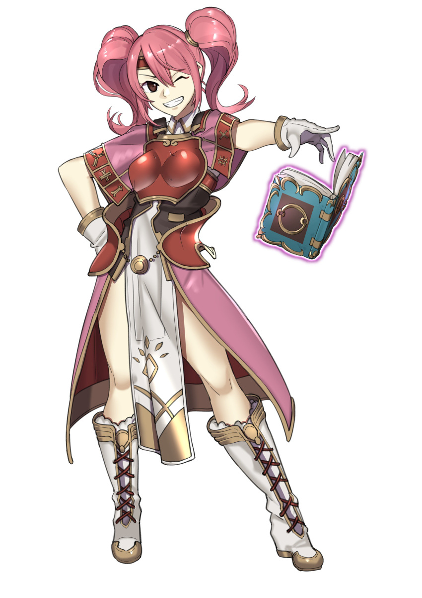 absurdres armor boobplate book breastplate circlet commentary ebinku female fire_emblem fire_emblem_echoes:_shadows_of_valentia full_body gloves grin highres mae_(fire_emblem) one_eye_closed open_book pelvic_curtain pink_hair simple_background smile solo twintails white_background white_gloves