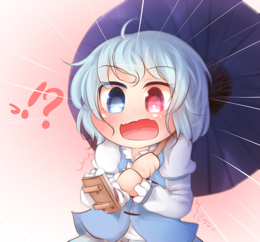 !? ^^^ ahoge bikuseno blue_eyes blue_hair blue_skirt blue_vest blush chibi commentary_request emphasis_lines female geta gradient_background heterochromia holding holding_umbrella juliet_sleeves karakasa_obake long_sleeves looking_at_viewer open_mouth pink_background puffy_sleeves red_eyes shirt short_hair skirt solo surprised tatara_kogasa touhou umbrella upper_body vest wavy_mouth white_shirt