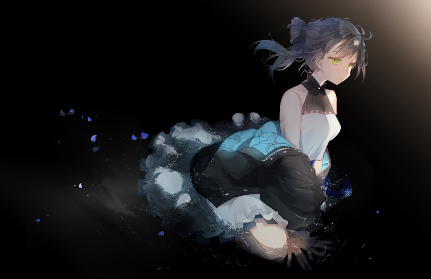 bare_shoulders black_hair breasts commentary_request earrings female green_eyes highres jacket jewelry oomori_(kswmr) original petals ponytail sleeveless solo wading