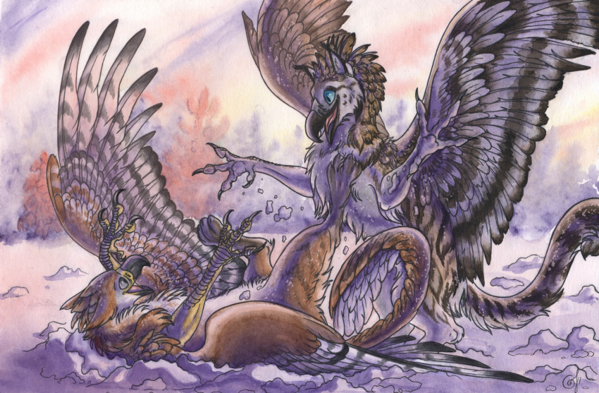 avian beak black_beak blue_eyes brown_body brown_fur chickenzaur duo english_text feathered_wings feathers feral fur gryphon hi_res lying mythological_avian mythological_creature mythology on_back smile standing text traditional_media_(artwork) wings