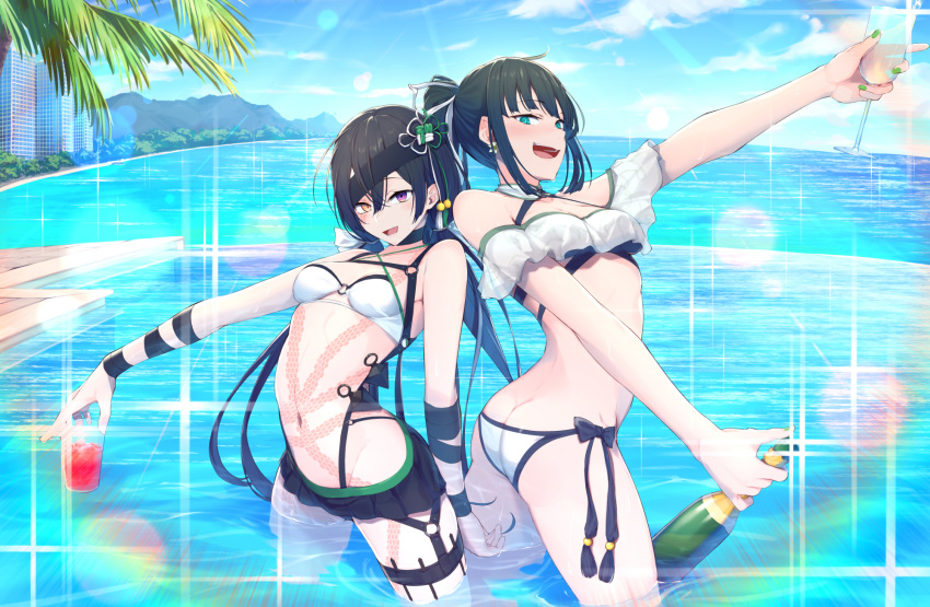 2girls @_@ aqua_eyes ass bikini black_hair blue_sky breasts cloud commentary cup day drinking_glass earrings fate/grand_order fate_(series) green_nails hair_between_eyes headband heterochromia highres jewelry jing_ke_(fate) jing_ke_(water_shine)_(fate) kurogiri long_hair looking_at_viewer mochizuki_chiyome_(fate) mochizuki_chiyome_(water_shine)_(fate) mountain multiple_girls navel ocean off-shoulder_bikini off_shoulder outdoors palm_tree ponytail pool purple_eyes see-through sky small_breasts snake_tattoo swimsuit tattoo thigh_strap tree very_long_hair white_bikini yellow_eyes