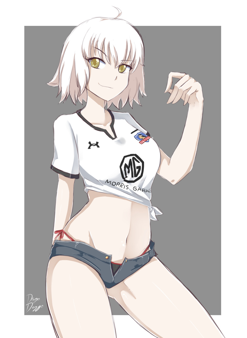 absurdres ahoge alternate_costume artist_name ass_visible_through_thighs bikini bikini_under_clothes black_bikini blue_shorts breasts collarbone colo_colo commentary_request commission contrapposto cowboy_shot crop_top drogo_doggo fate/grand_order fate_(series) female highres jeanne_d'arc_alter_(avenger)_(fate) jeanne_d'arc_alter_(fate) looking_at_viewer medium_breasts micro_shorts midriff navel open_clothes open_shorts shirt short_hair short_sleeves shorts side-tie_bikini_bottom solo spanish_commentary swimsuit t-shirt tied_shirt white_hair yellow_eyes